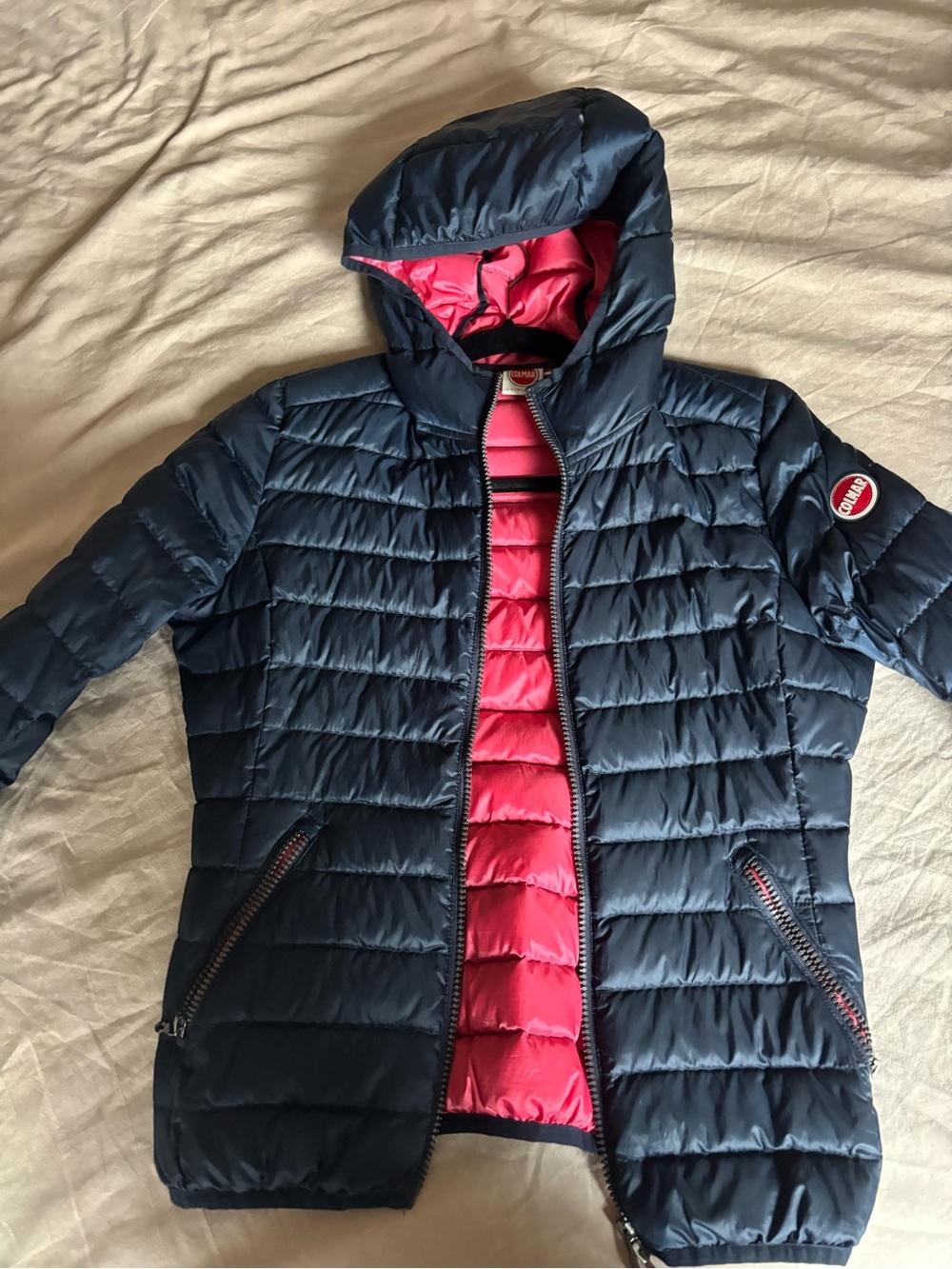 COLMAR Navy Puffer Jacket with Bright Pink Lining